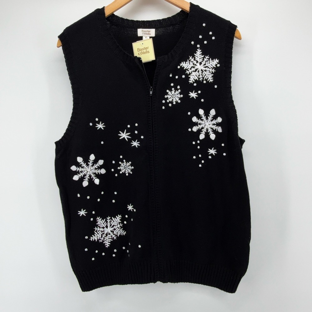 Baxter & Wells Womens Sweater Vest XL Black Snowflake Holiday Cotton Flax Blend - Picture 2 of 11